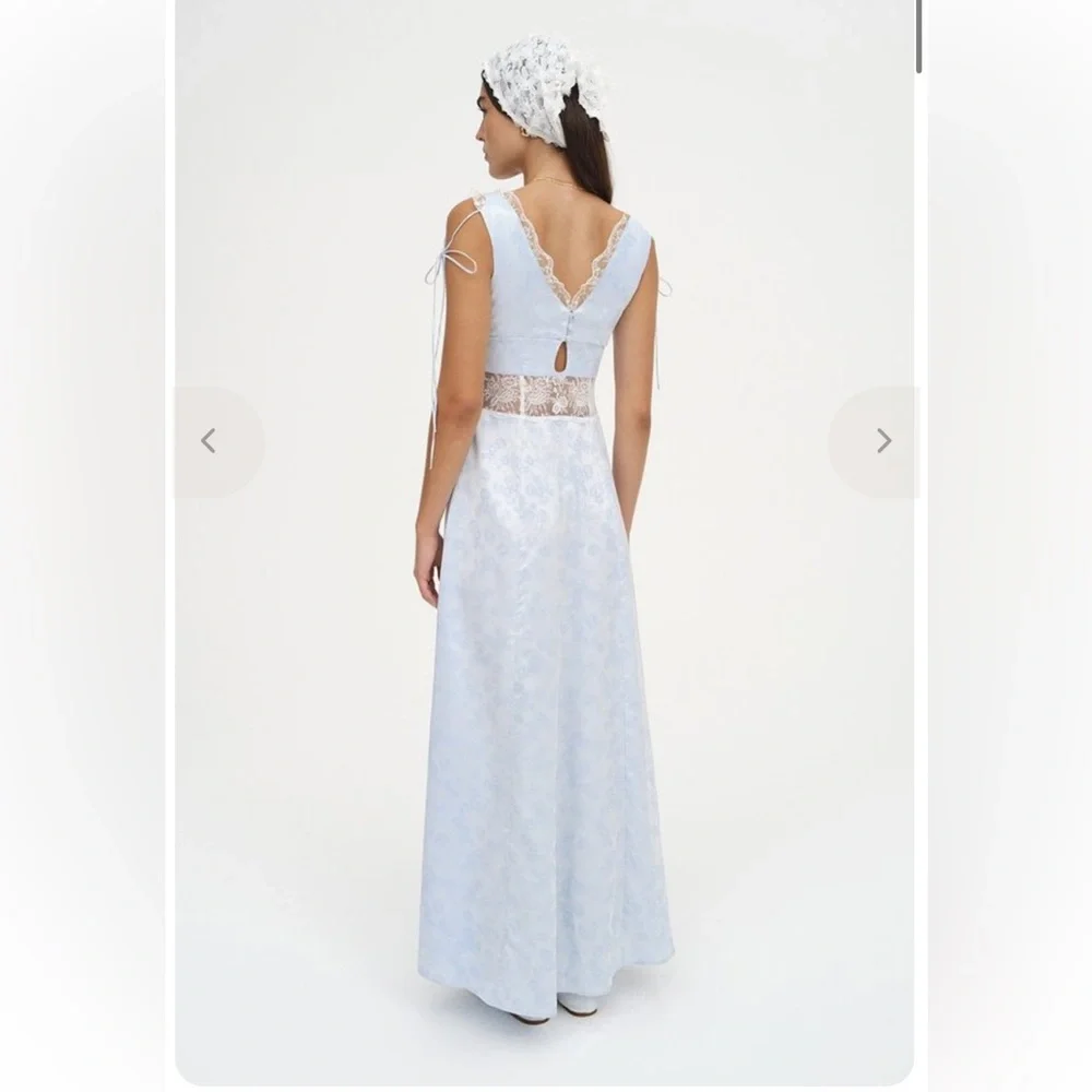NWT For Love & Lemons Hattie Satin Slip Maxi Dress Blue Floral Lace Size XS - Picture 2 of 11